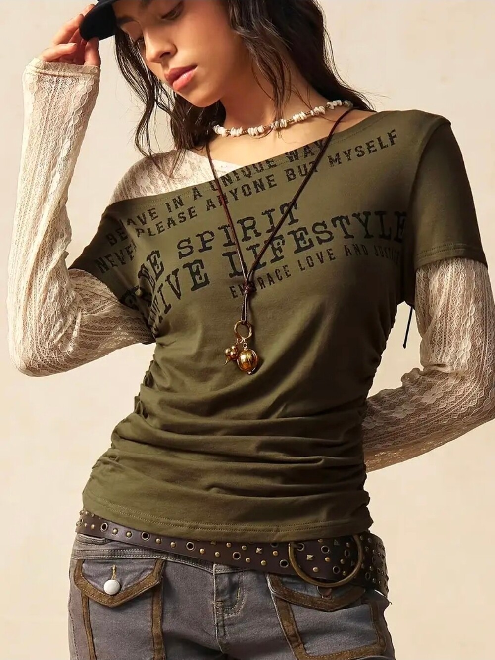 Olive Green Long Sleeve Top with Cream Lace Sleeves Women's Shirt